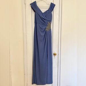 Alex Evenings Blue Maxi Dress with Glitter Mesh Gown